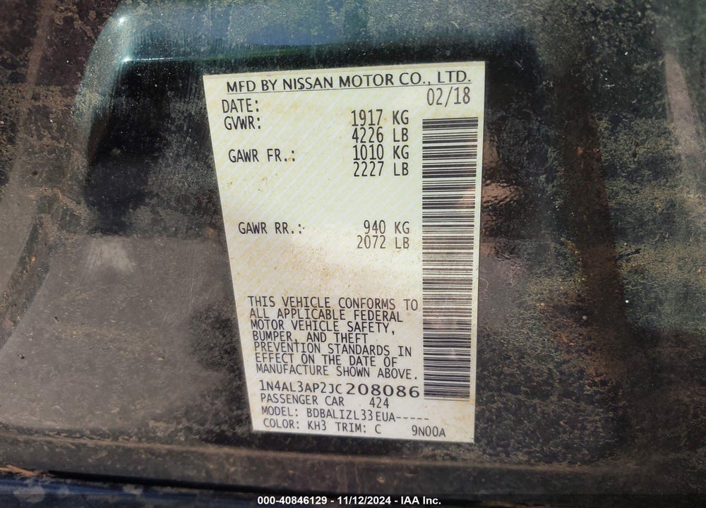 2018 NISSAN ALTIMA 2.5 SV VIN: 1N4AL3AP2JC208086