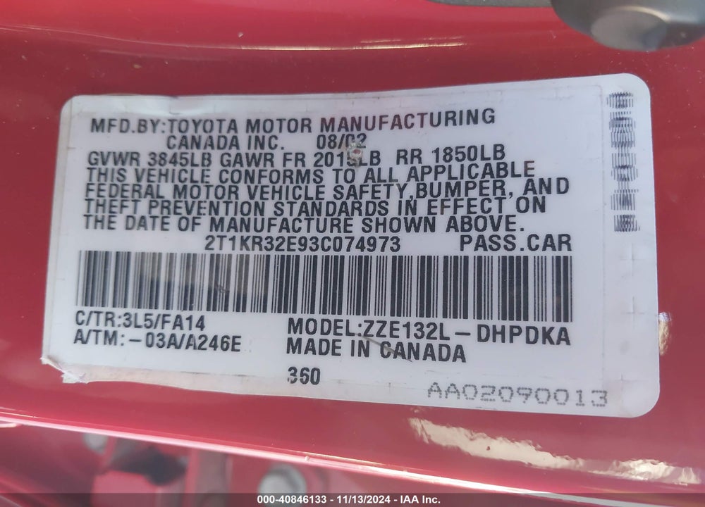 2003 TOYOTA MATRIX STANDARD VIN: 2T1KR32E93C074973