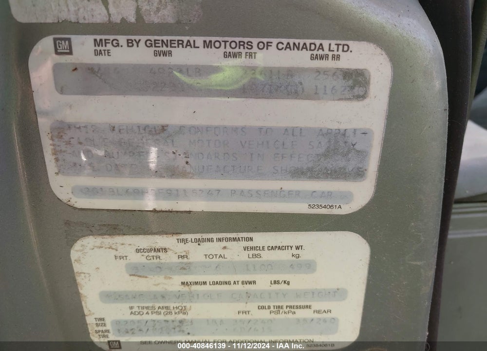 1985 CHEVROLET IMPALA VIN: 2G1BL69H0F9115247
