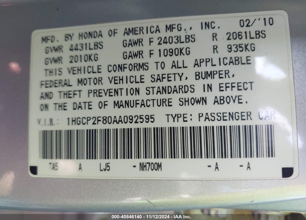 2010 HONDA ACCORD 2.4 EX-L VIN: 1HGCP2F80AA092595