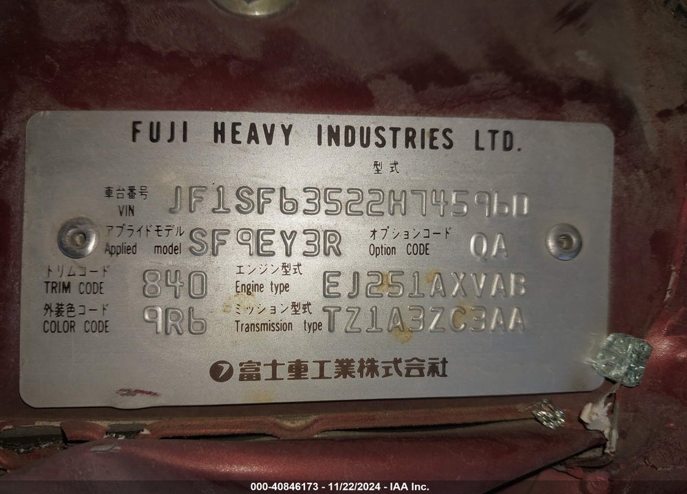 2002 SUBARU FORESTER L VIN: JF1SF63522H745960