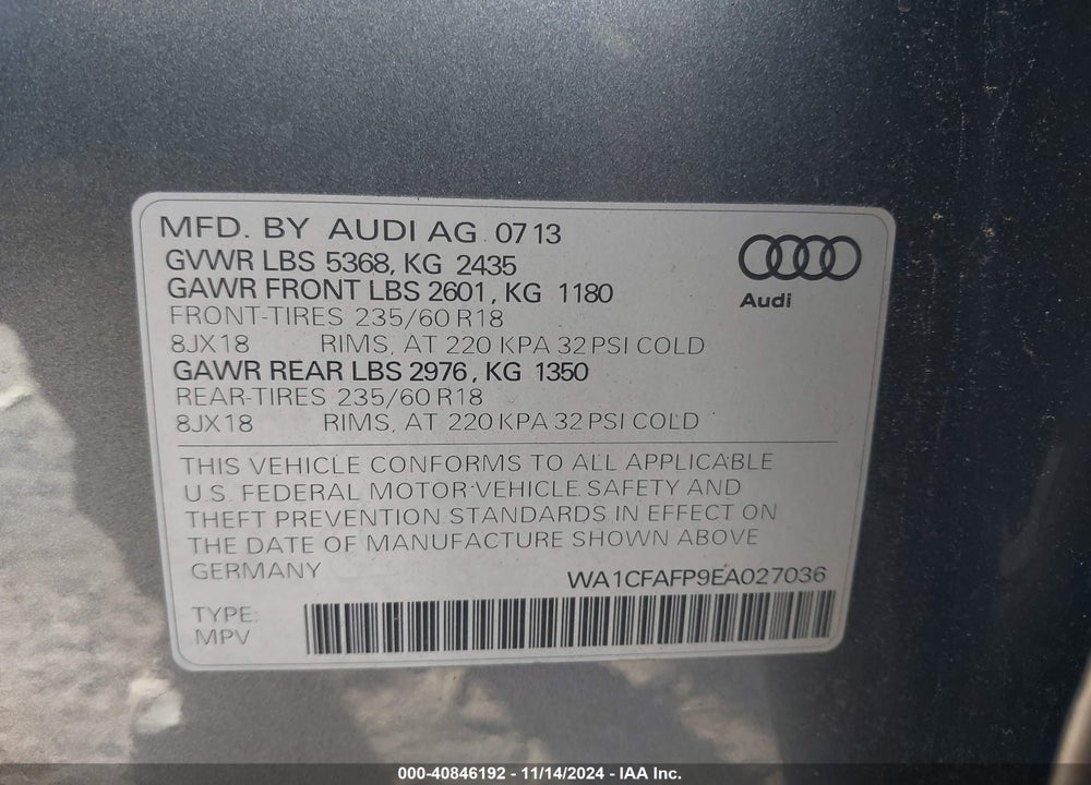 2014 AUDI Q5 2.0T PREMIUM VIN: WA1CFAFP9EA027036
