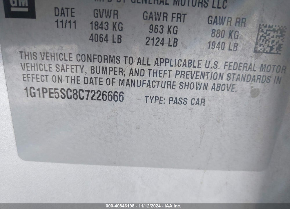 2012 CHEVROLET CRUZE LT VIN: 1G1PE5SC8C7226666