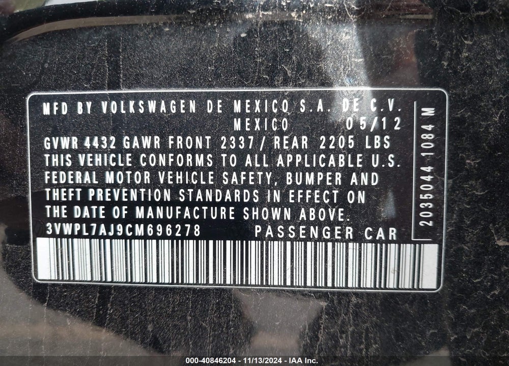 2012 VOLKSWAGEN JETTA VIN: 3VWPL7AJ9CM696278