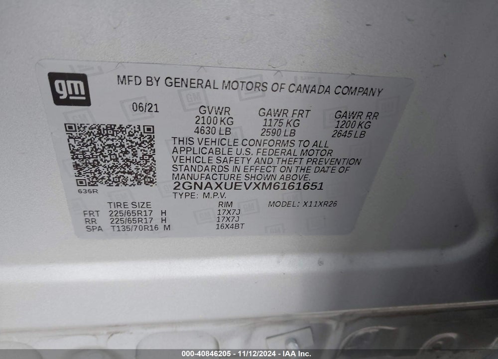 2021 CHEVROLET EQUINOX AWD LT VIN: 2GNAXUEVXM6161651