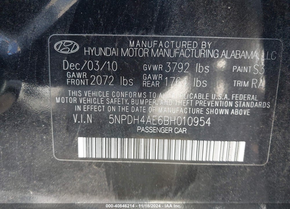 2011 HYUNDAI ELANTRA VIN: 5NPDH4AE6BH010954