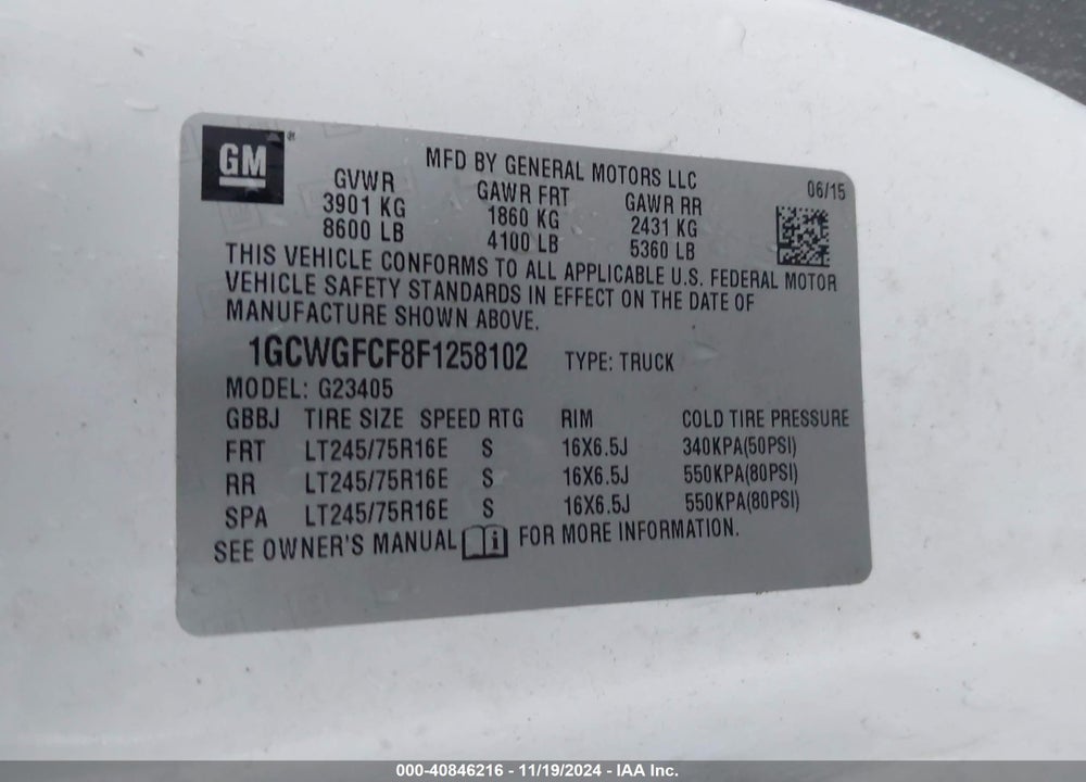 2015 CHEVROLET EXPRESS 2500 WORK VAN VIN: 1GCWGFCF8F1258102