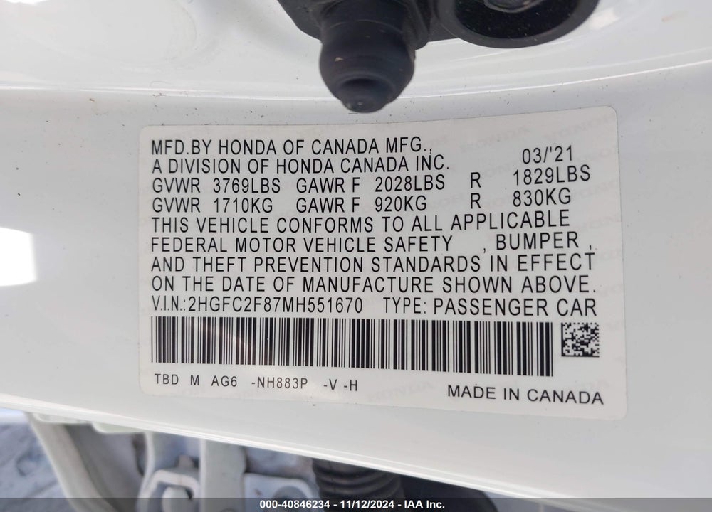 2021 HONDA CIVIC SPORT VIN: 2HGFC2F87MH551670
