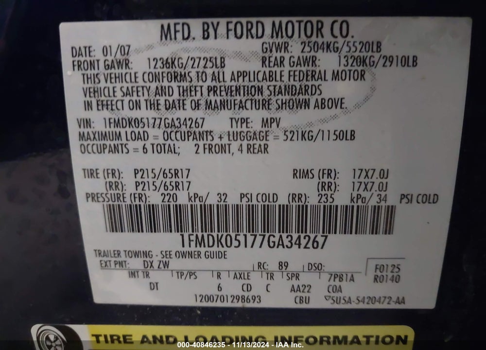 2007 FORD FREESTYLE SEL VIN: 1FMDK05177GA34267