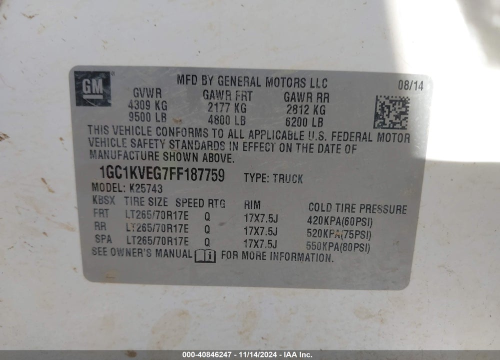 2015 CHEVROLET SILVERADO 2500HD LT VIN: 1GC1KVEG7FF187759