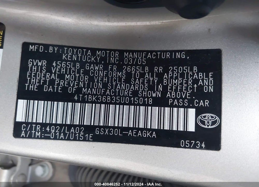 2005 TOYOTA AVALON XL/XLS/TOURING/LIMITED VIN: 4T1BK36B35U015018