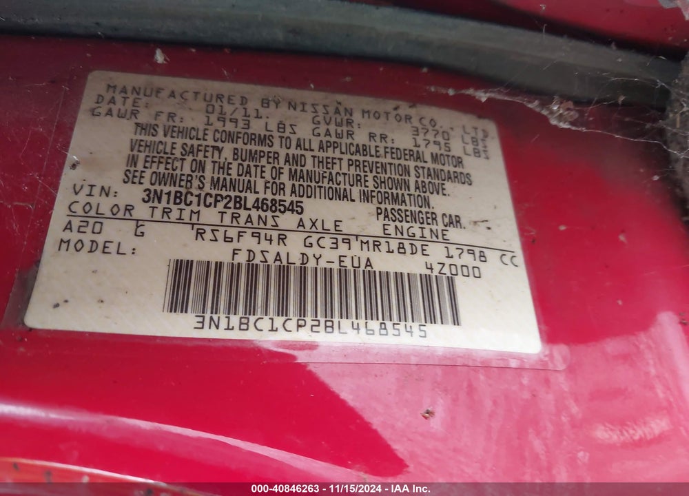 2011 NISSAN VERSA VIN: 3N1BC1CP2BL468545