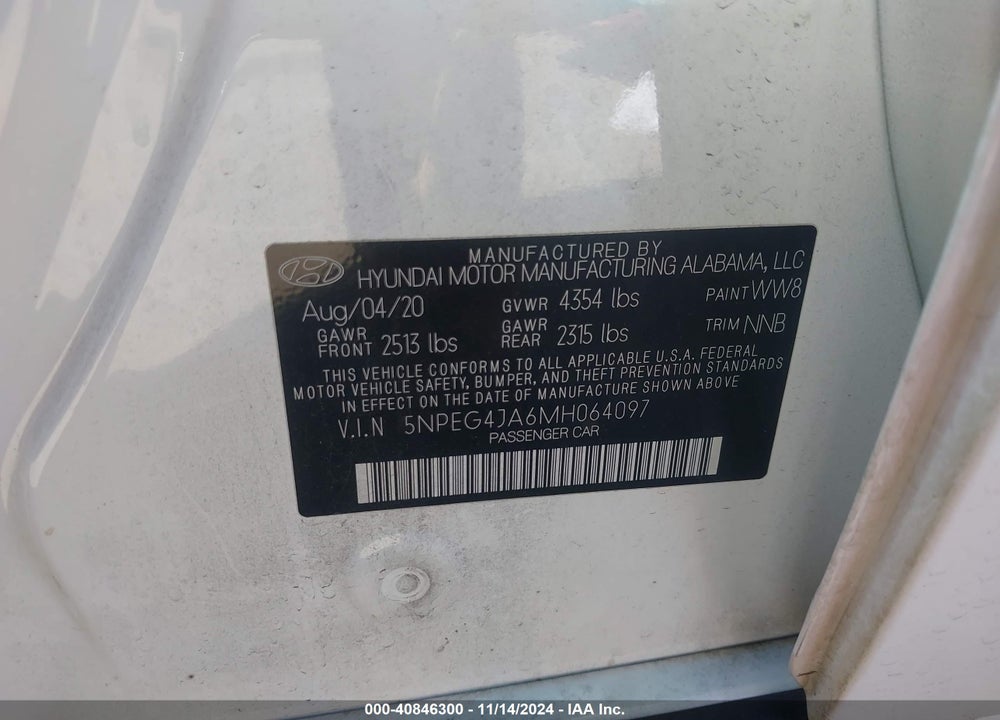2021 HYUNDAI SONATA SE VIN: 5NPEG4JA6MH064097