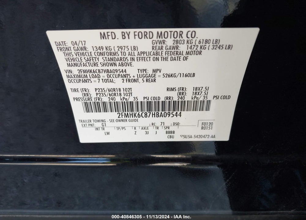 2017 FORD FLEX SEL VIN: 2FMHK6C87HBA09544