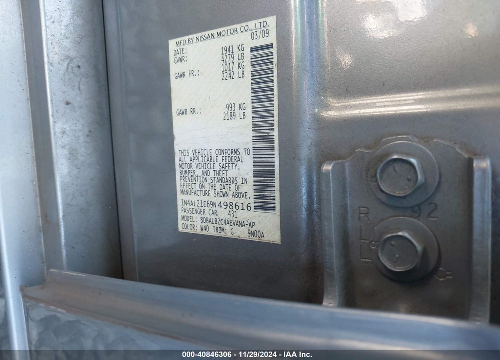 2009 NISSAN ALTIMA 2.5 S VIN: 1N4AL21E69N498616