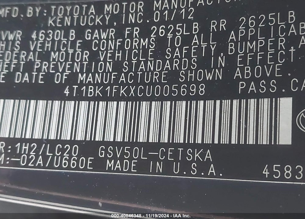 2012 TOYOTA CAMRY SE V6 VIN: 4T1BK1FKXCU005698