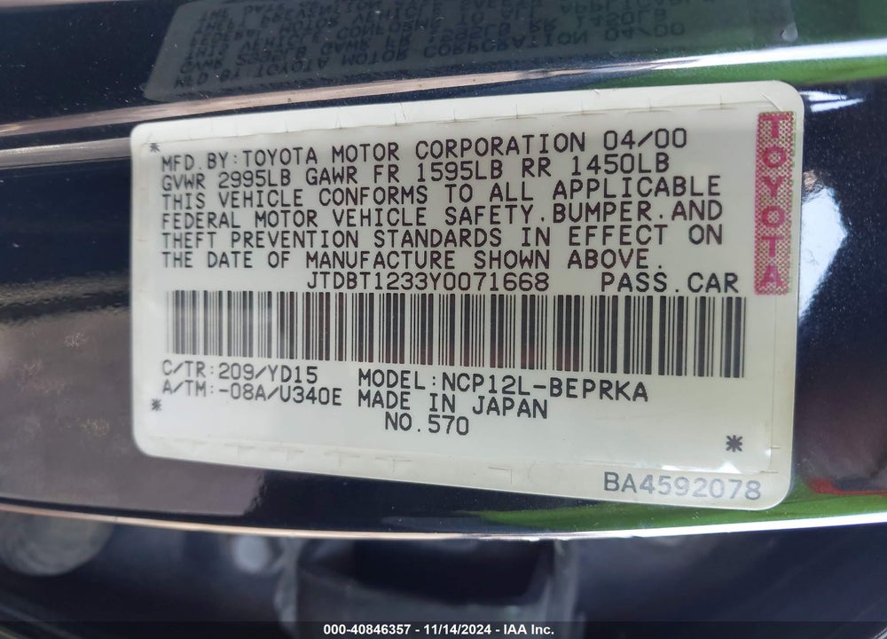 2000 TOYOTA ECHO VIN: JTDBT1233Y0071668