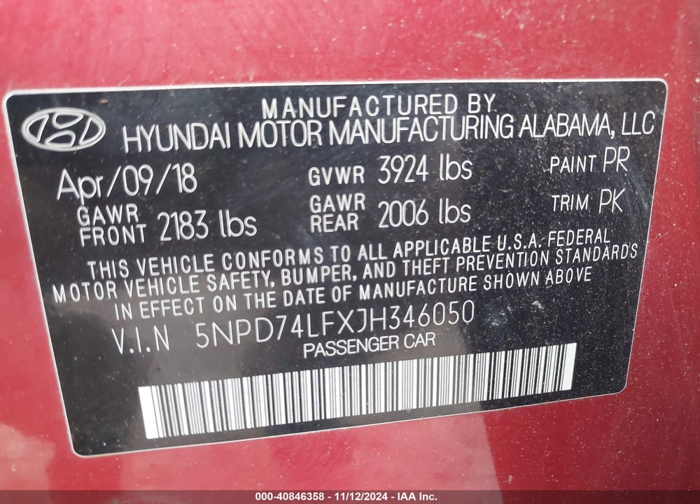 2018 HYUNDAI ELANTRA SE VIN: 5NPD74LFXJH346050
