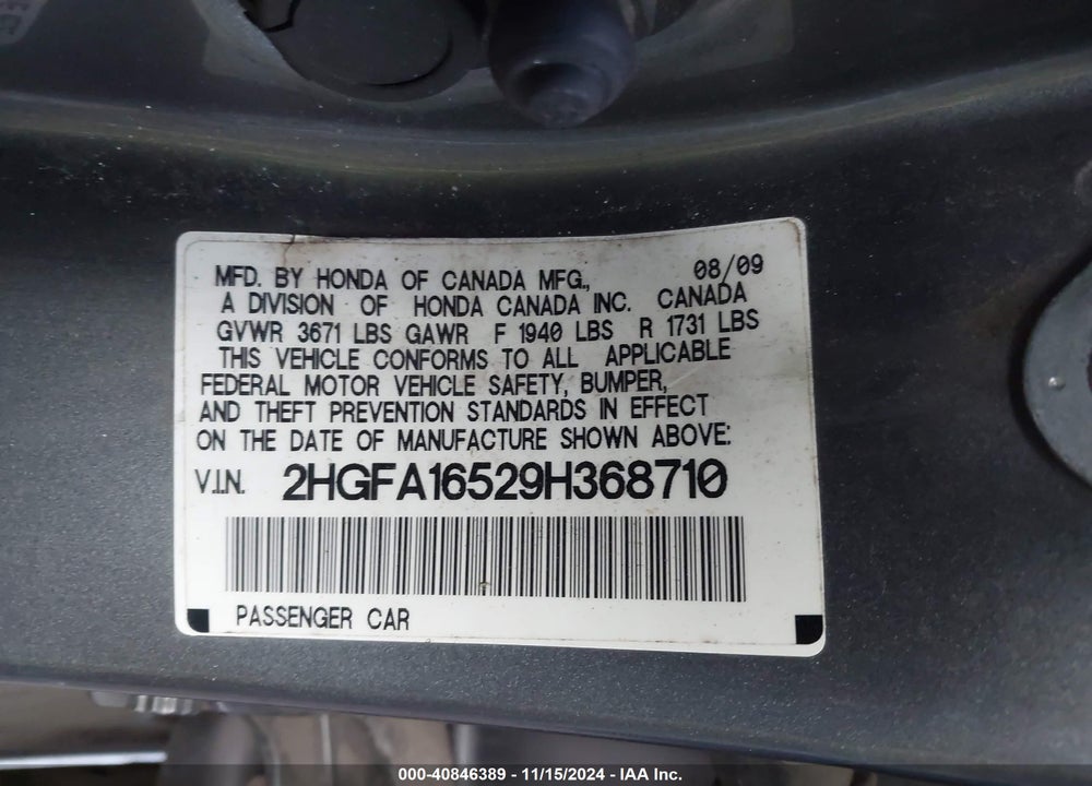 2009 HONDA CIVIC LX VIN: 2HGFA16529H368710