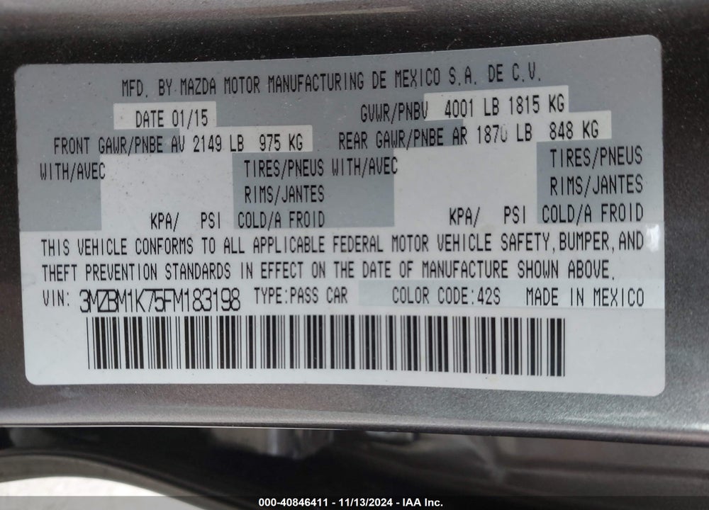 2015 MAZDA 3 I SPORT VIN: 3MZBM1K75FM183198