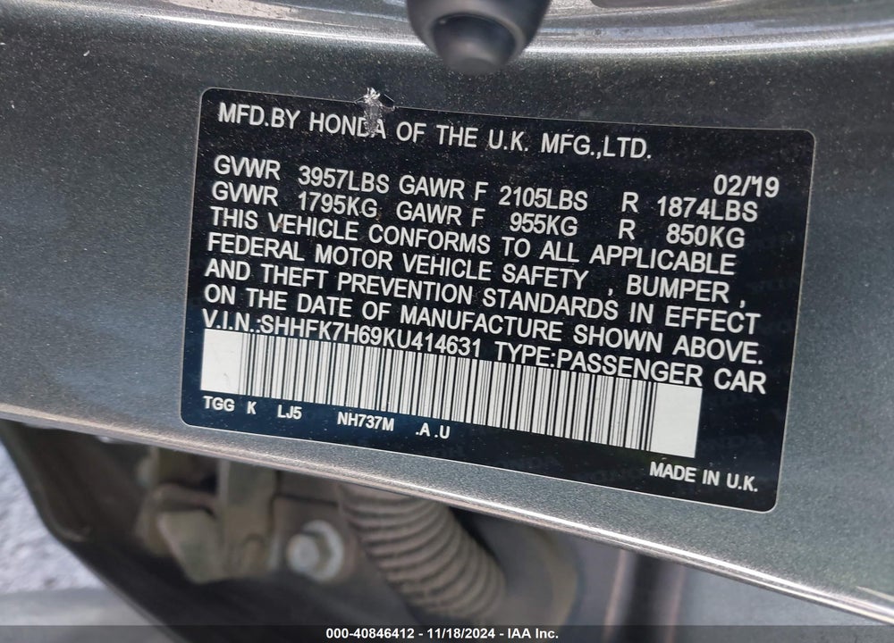 2019 HONDA CIVIC EX VIN: SHHFK7H69KU414631