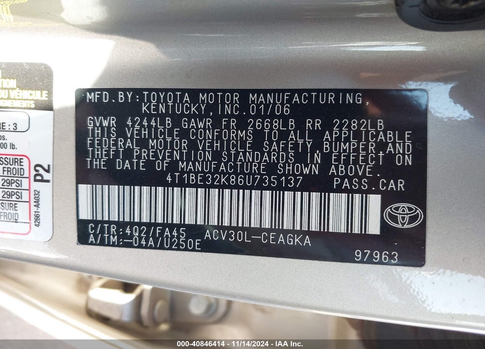 2006 TOYOTA CAMRY XLE VIN: 4T1BE32K86U735137