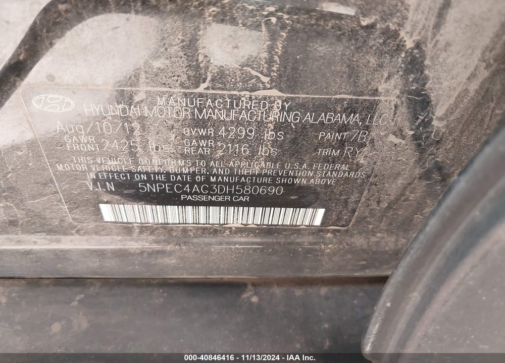 2013 HYUNDAI SONATA SE VIN: 5NPEC4AC3DH580690