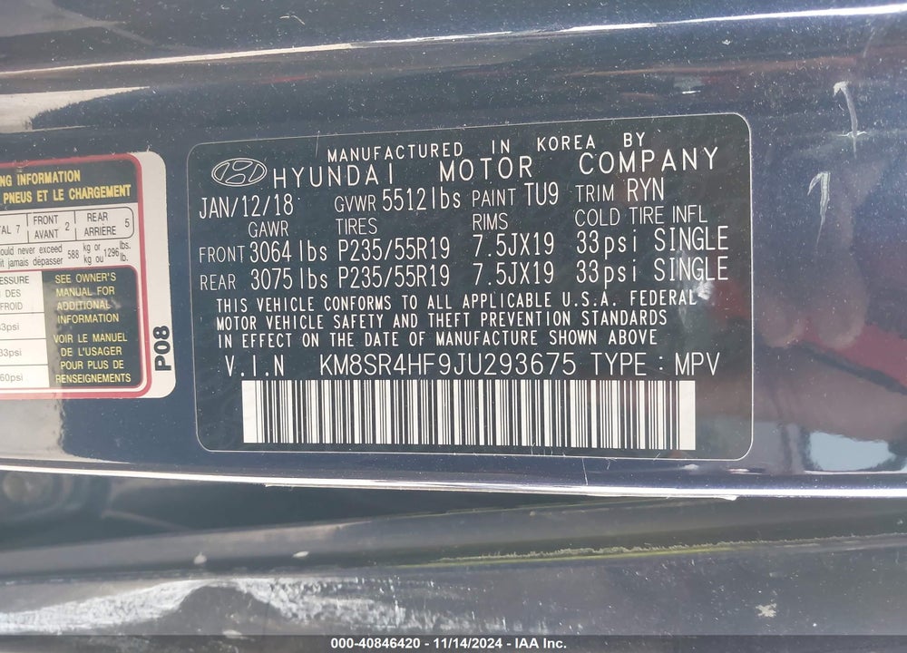 2018 HYUNDAI SANTA FE SE ULTIMATE VIN: KM8SR4HF9JU293675