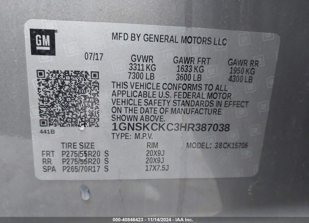 2017 CHEVROLET TAHOE PREMIER VIN: 1GNSKCKC3HR387038