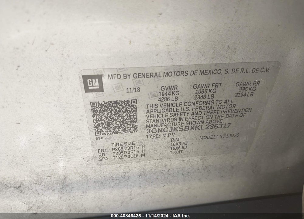 2019 CHEVROLET TRAX LS VIN: 3GNCJKSBXKL236317