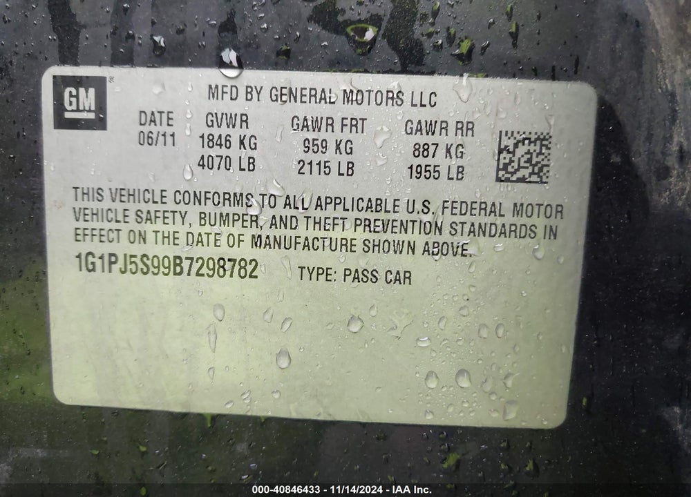 2011 CHEVROLET CRUZE ECO VIN: 1G1PJ5S99B7298782