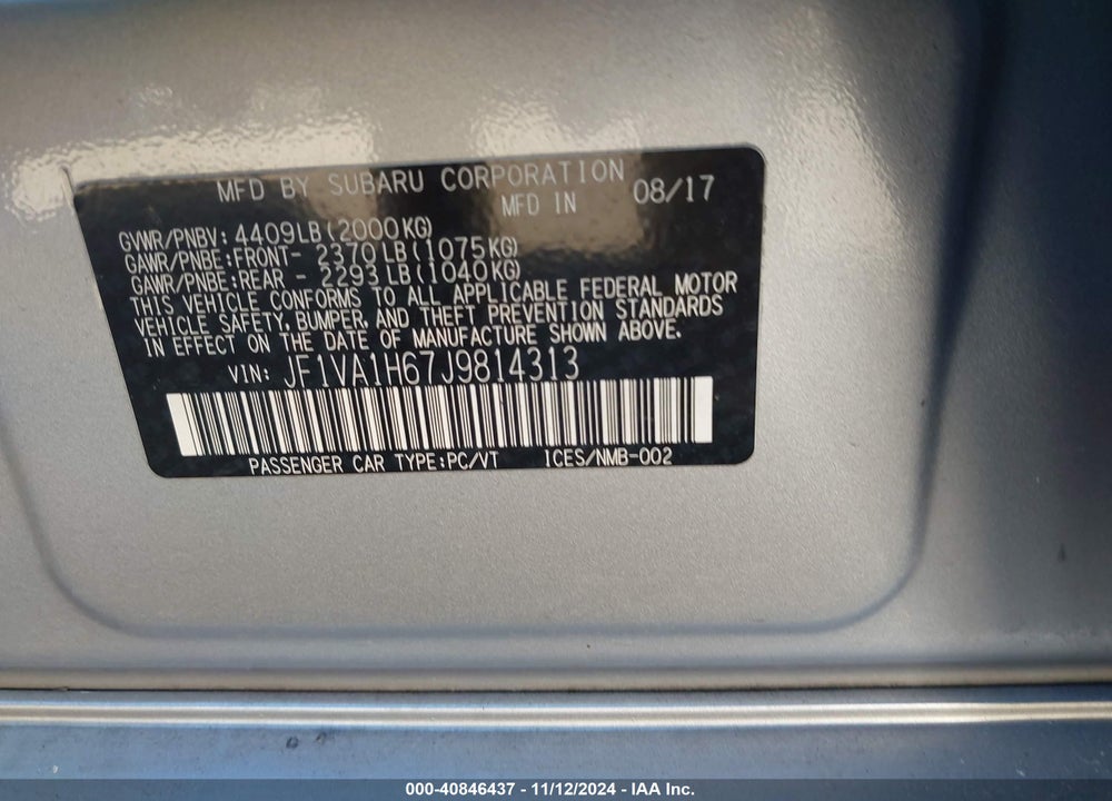 2018 SUBARU WRX VIN: JF1VA1H67J9814313