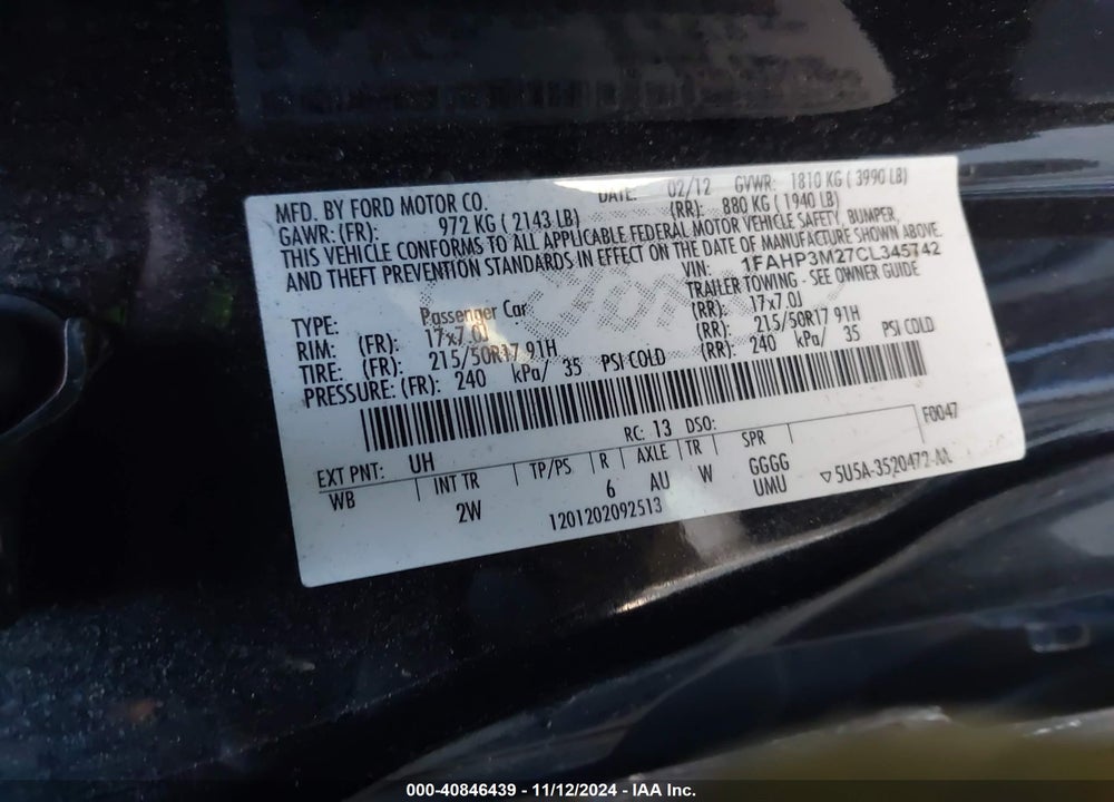 2012 FORD FOCUS VIN: 1FAHP3M27CL345742