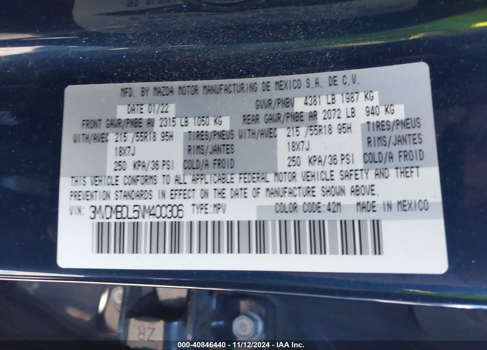 2022 MAZDA CX-30 PREMIUM VIN: 3MVDMBDL5NM400306