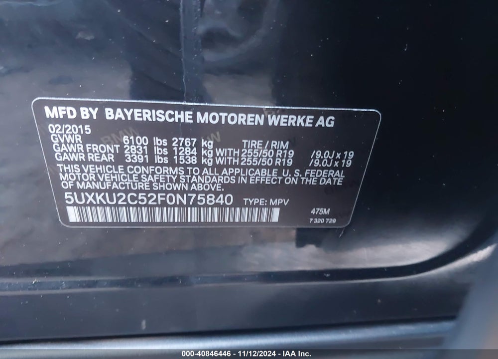 2015 BMW X6 XDRIVE35I VIN: 5UXKU2C52F0N75840