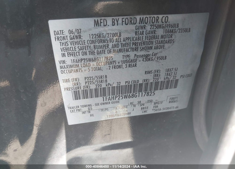 2008 FORD TAURUS LIMITED VIN: 1FAHP25W68G117825