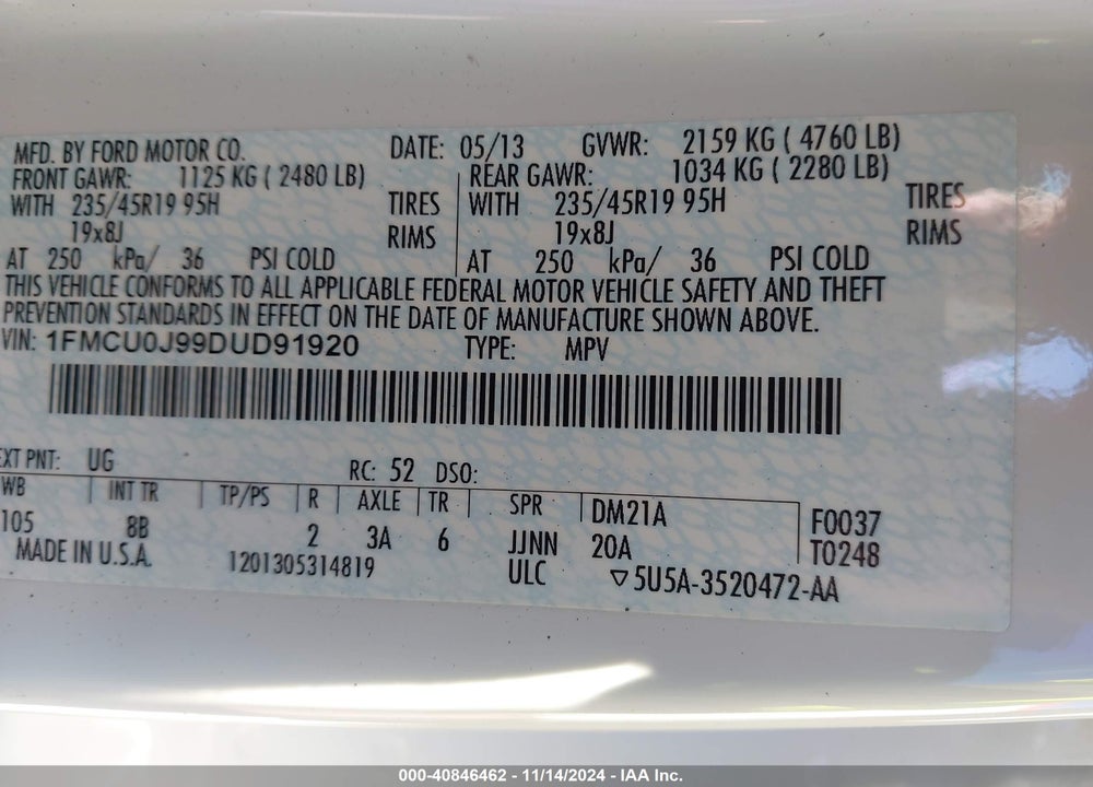 2013 FORD ESCAPE TITANIUM VIN: 1FMCU0J99DUD91920