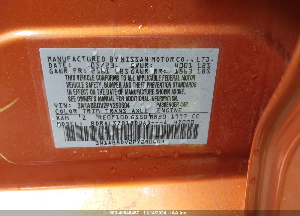 2023 NISSAN SENTRA SR XTRONIC CVT VIN: 3N1AB8DV2PY290604