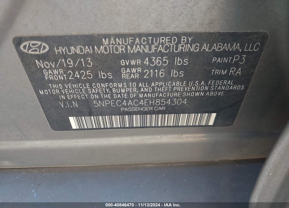 2014 HYUNDAI SONATA LIMITED VIN: 5NPEC4AC4EH854304