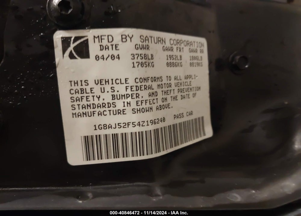 2004 SATURN ION 2 VIN: 1G8AJ52F54Z196240