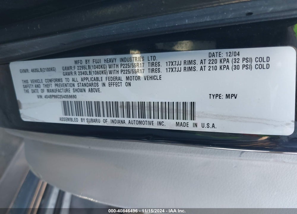2005 SUBARU OUTBACK 3.0R L.L. BEAN EDITION VIN: 4S4BP86C254359690
