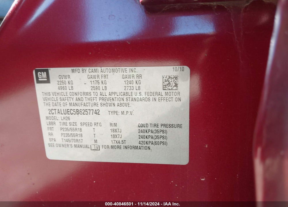 2011 GMC TERRAIN SLT-1 VIN: 2CTALUEC5B6257742