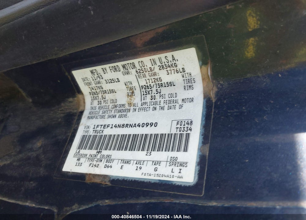 1994 FORD F150 VIN: 1FTEF14N8RNA40990