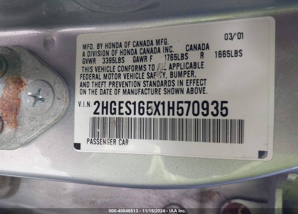 2001 HONDA CIVIC LX VIN: 2HGES165X1H570935