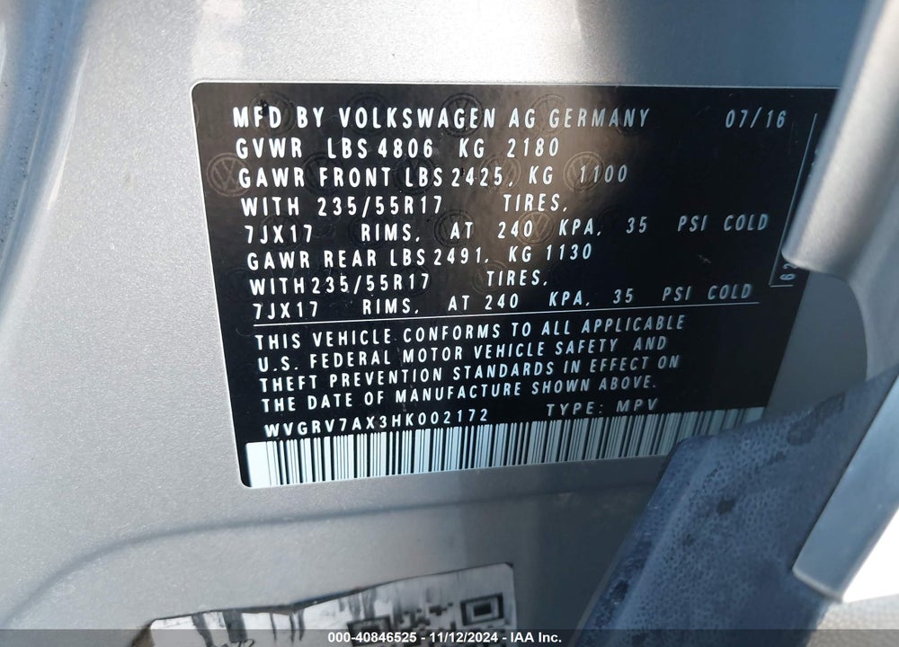 2017 VOLKSWAGEN TIGUAN 2.0T WOLFSBURG EDITION VIN: WVGRV7AX3HK002172