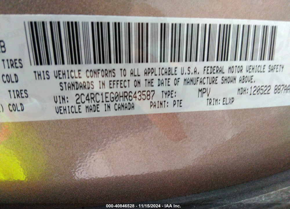 2017 CHRYSLER PACIFICA TOURING L PLUS VIN: 2C4RC1EG0HR643587