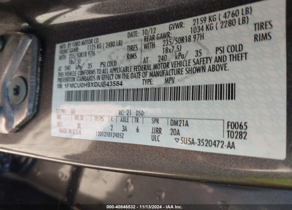 2013 FORD ESCAPE SEL VIN: 1FMCU0H9XDUB43584