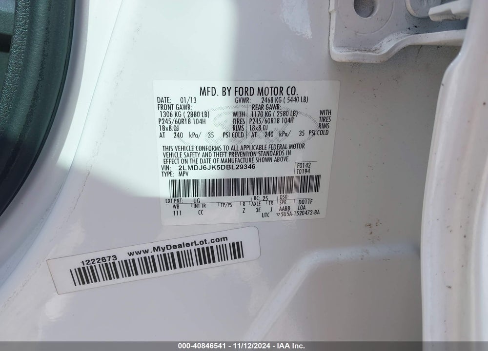 2013 LINCOLN MKX VIN: 2LMDJ6JK5DBL29346