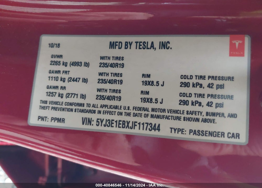 2018 TESLA MODEL 3 LONG RANGE/PERFORMANCE VIN: 5YJ3E1EBXJF117344