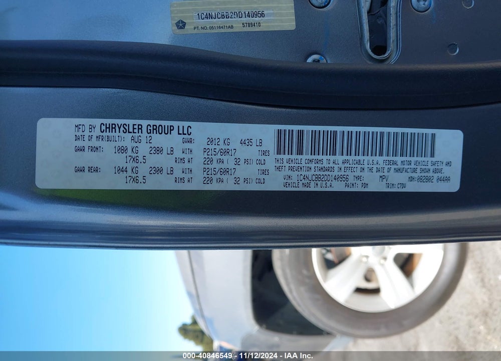 2013 JEEP COMPASS SPORT VIN: 1C4NJCBB2DD140956